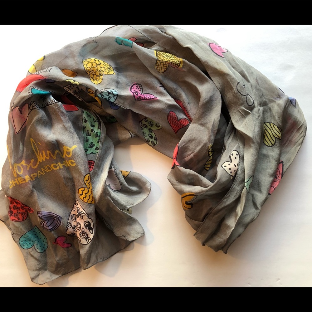 Moschino Cheap & Chic Silk Scarf 26x70 Heart Explosion EUC